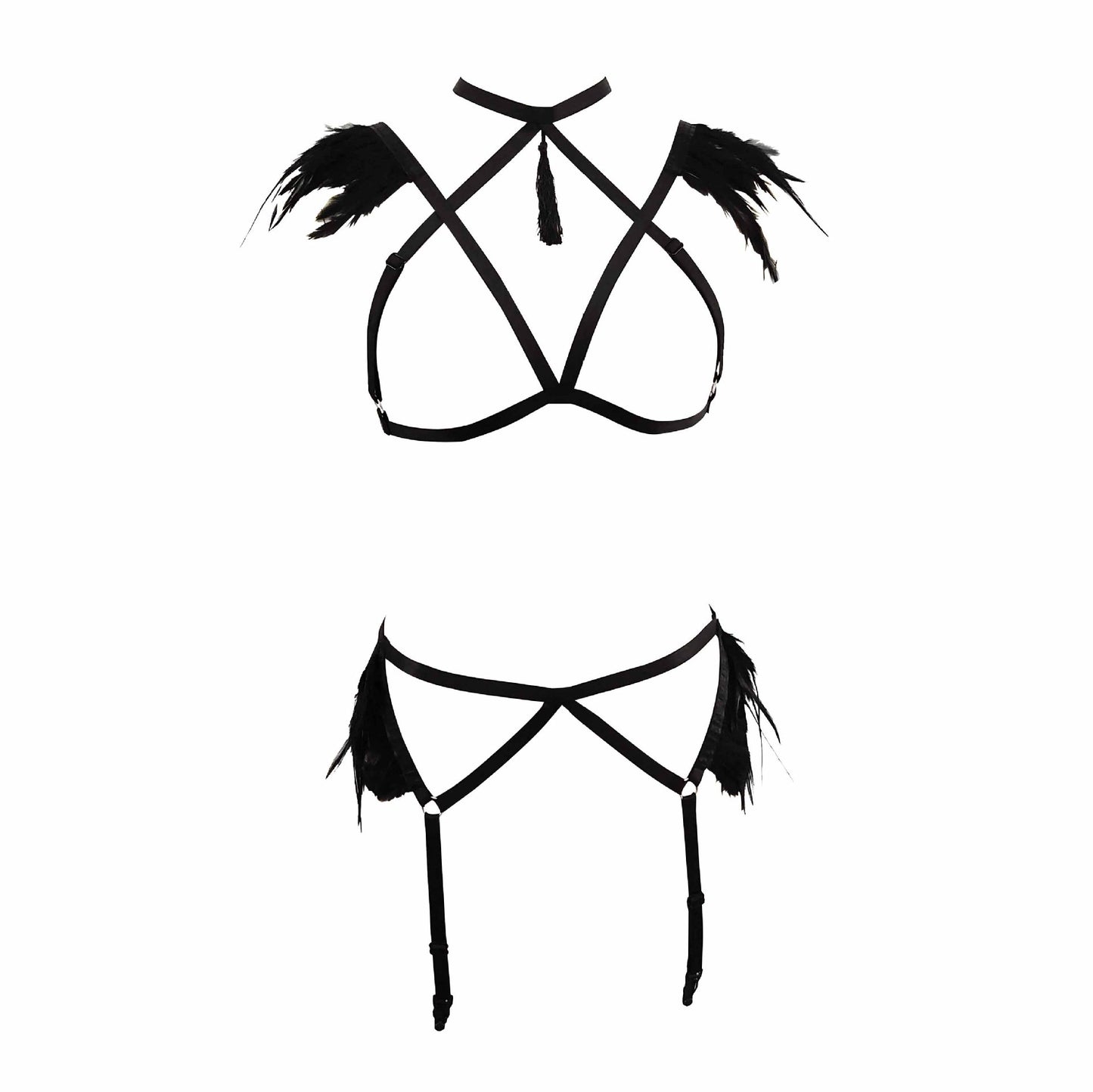 Submissive Sexy Black Lingerie Set Wife Bondage Harness Lingerie Feather Bra Panties