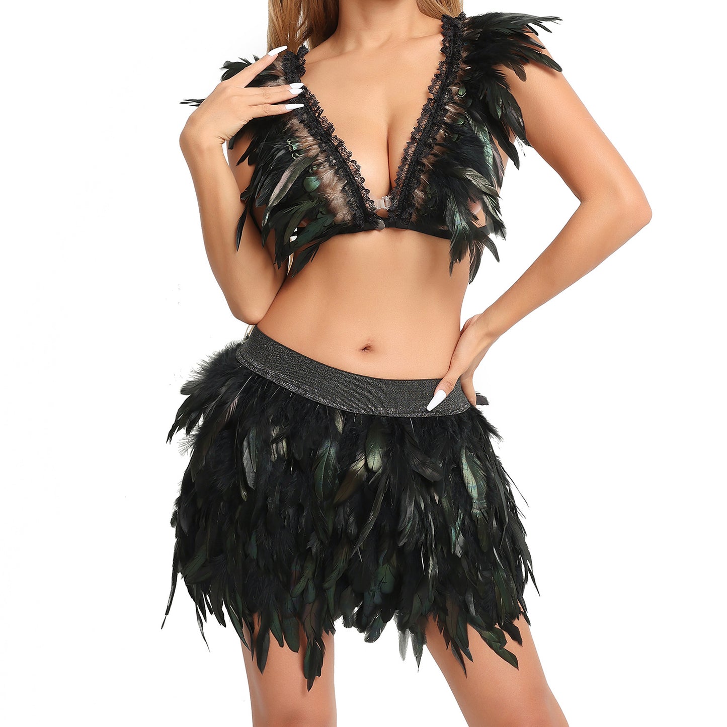 Submissive Sexy Lingerie Set Revealing Body Harness Lingerie Feather Skirt