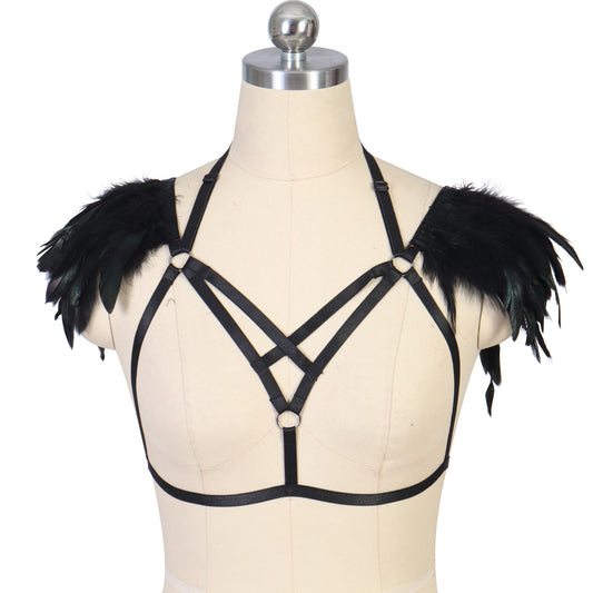 White Bra Straps Strapy Bdsm Lingerie Harness Feather Bra