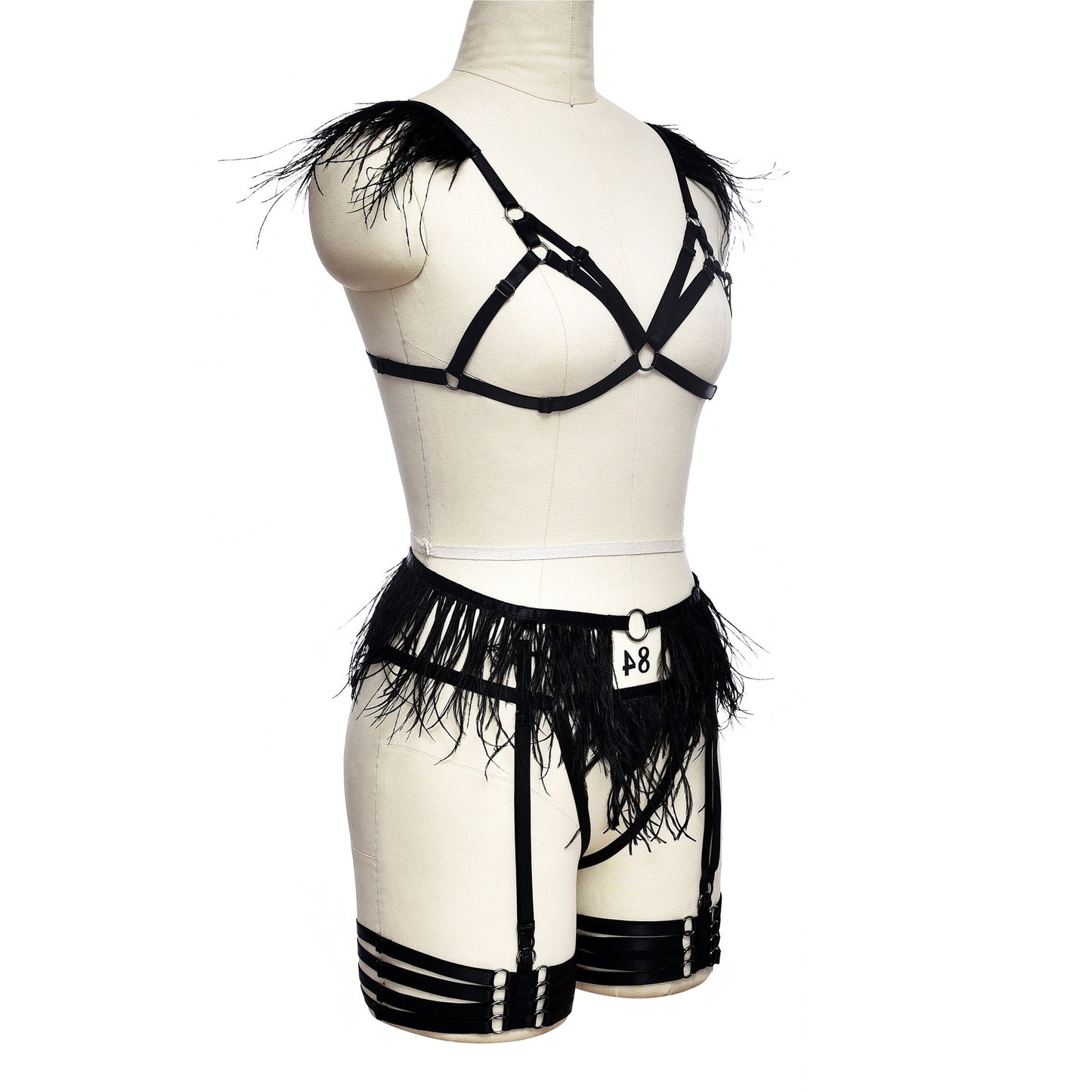 White Sexy Blonde Lingerie Set Wife Black Body Harness Lingerie Feather Bra Panties