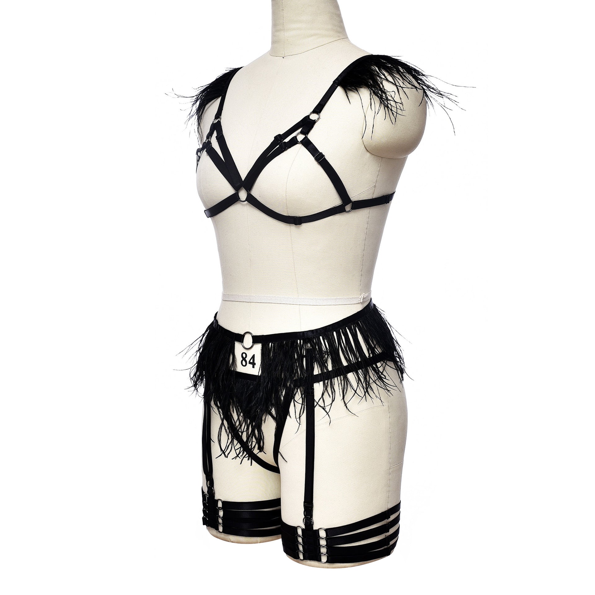 White Sexy Blonde Lingerie Set Wife Black Body Harness Lingerie Feather Bra Panties