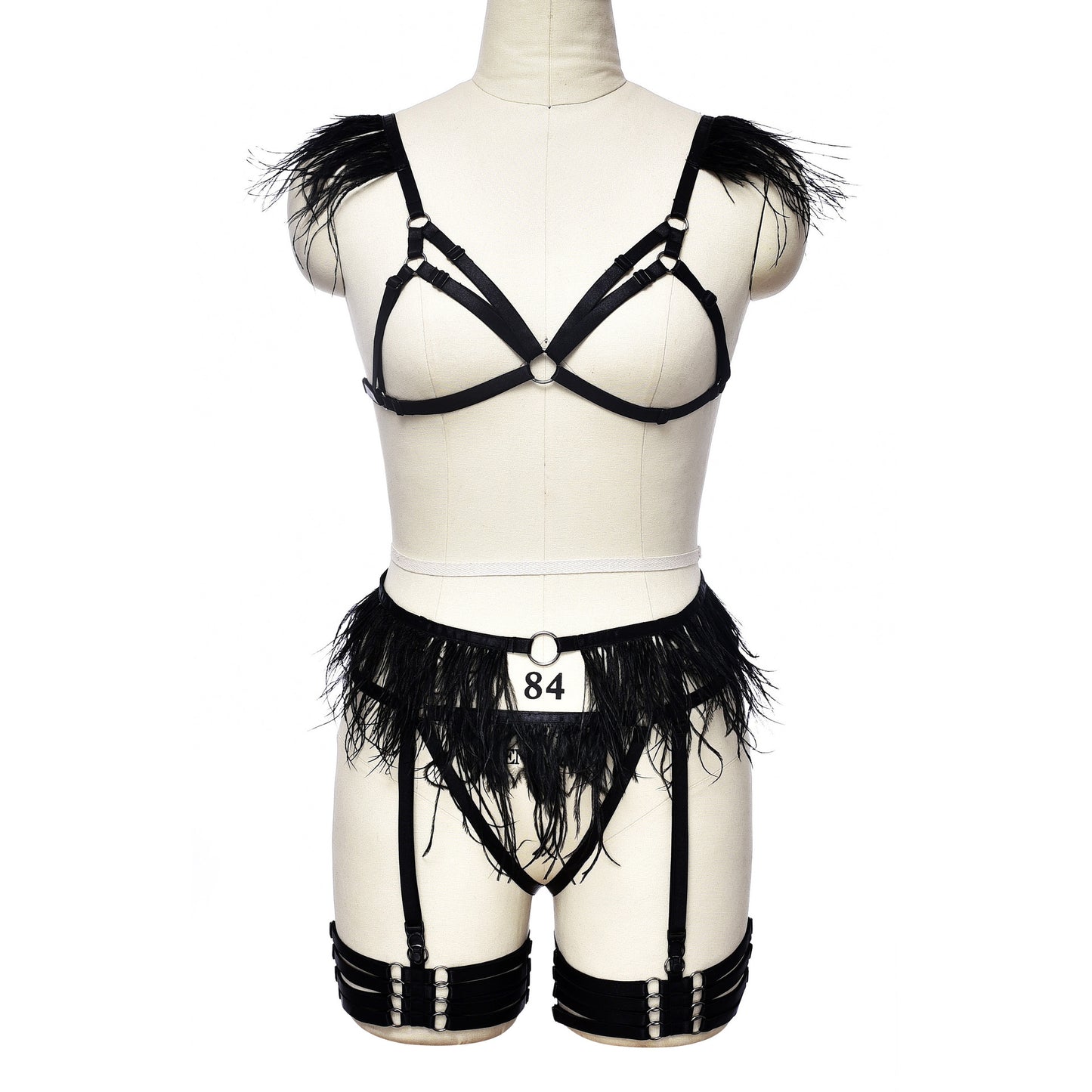 White Sexy Blonde Lingerie Set Wife Black Body Harness Lingerie Feather Bra Panties