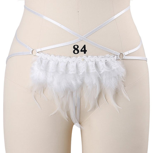 White Women's Crotchless Panties Strapy Strappy Harness Lingerie Feather Thong
