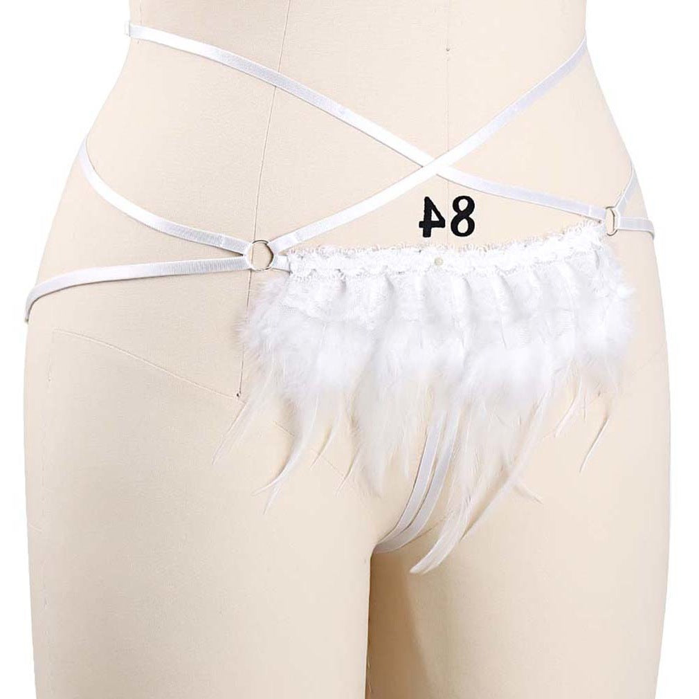 White Women's Crotchless Panties Strapy Strappy Harness Lingerie Feather Thong