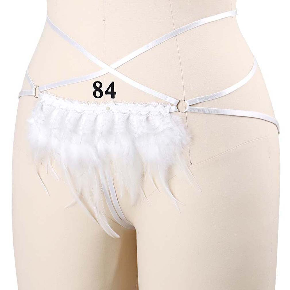 White Women's Crotchless Panties Strapy Strappy Harness Lingerie Feather Thong