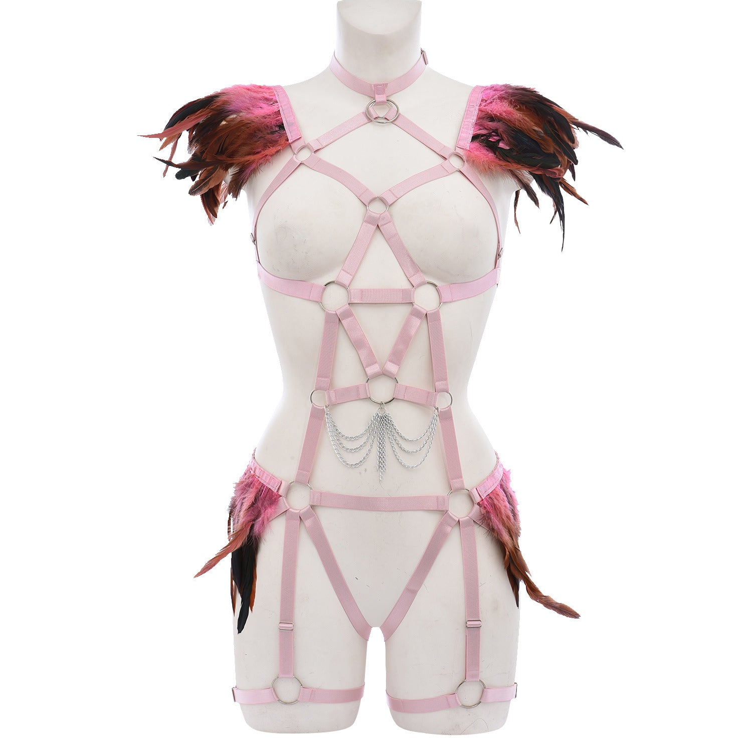 Women  Bodysuit Intimate Bdsm Lingerie Harness Feather Bra Panties