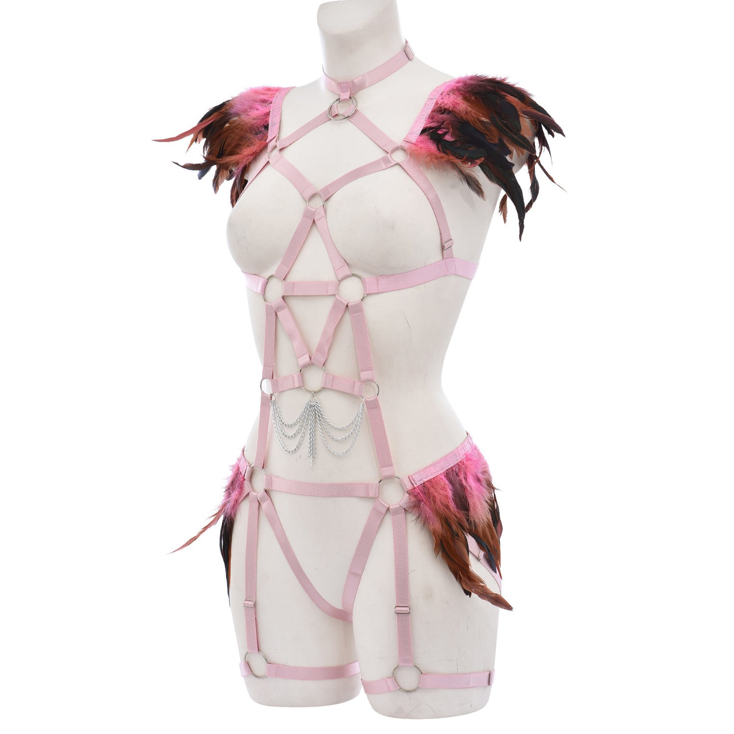 Women  Bodysuit Intimate Bdsm Lingerie Harness Feather Bra Panties