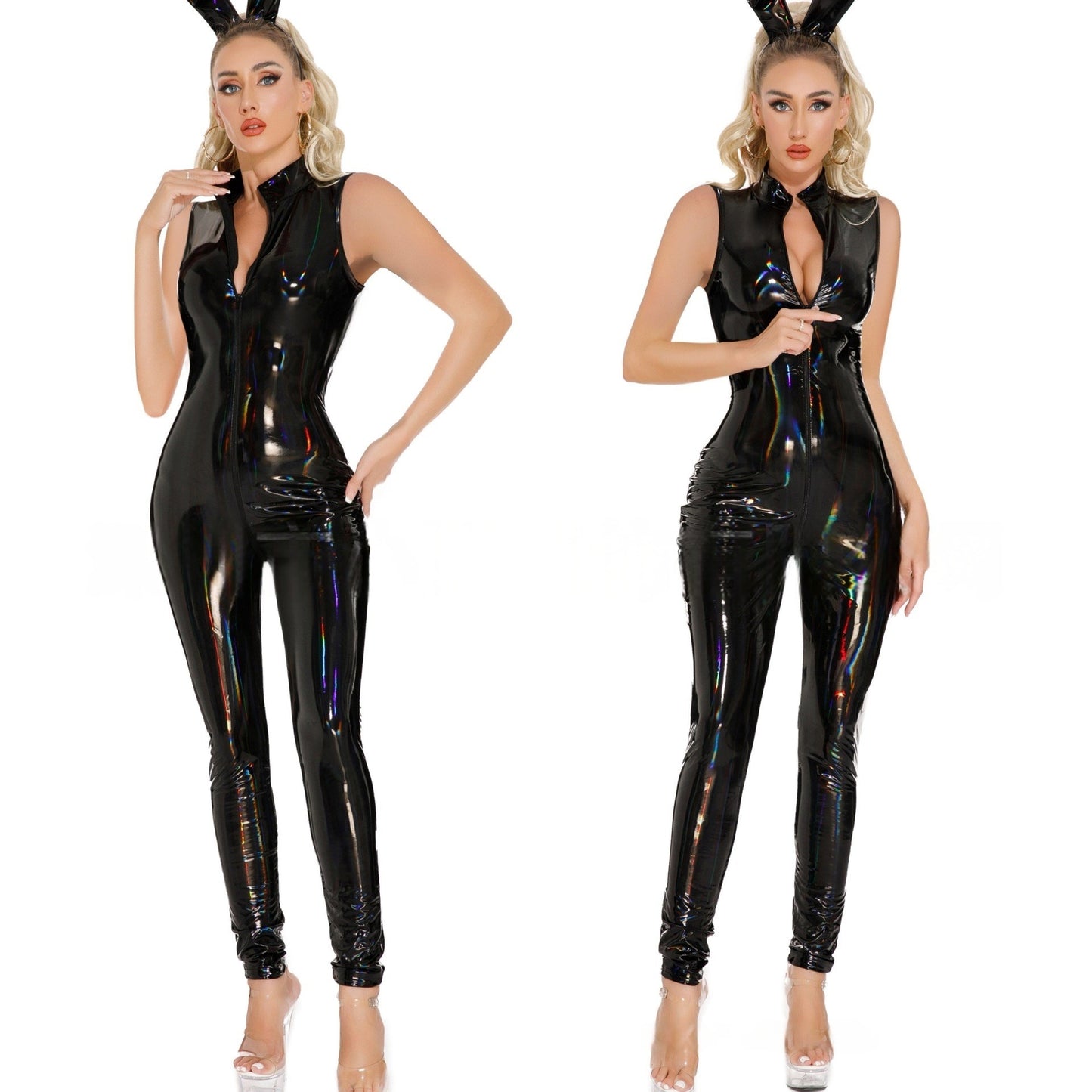 Womens Black Leather Bodysuit