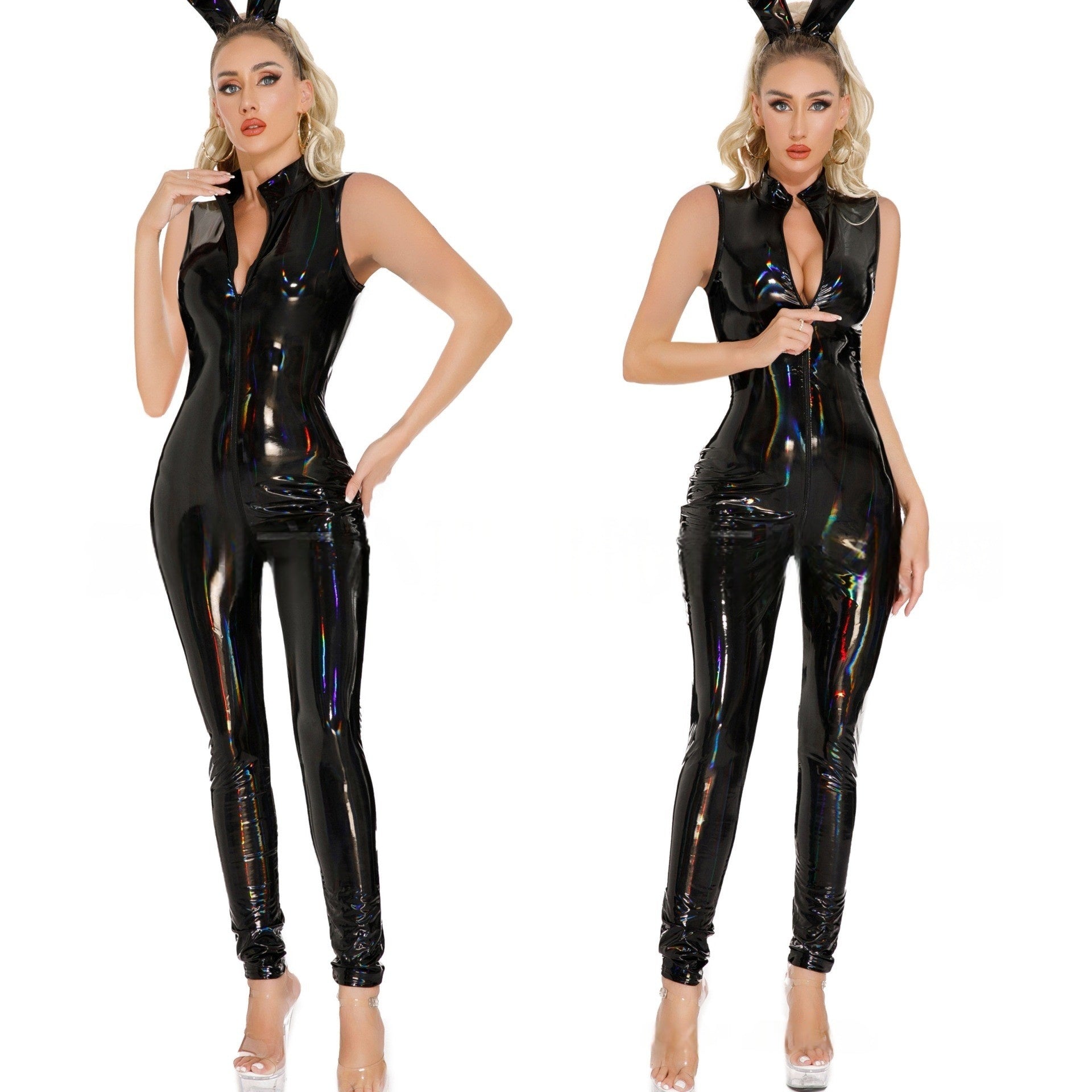 Womens Black Leather Bodysuit