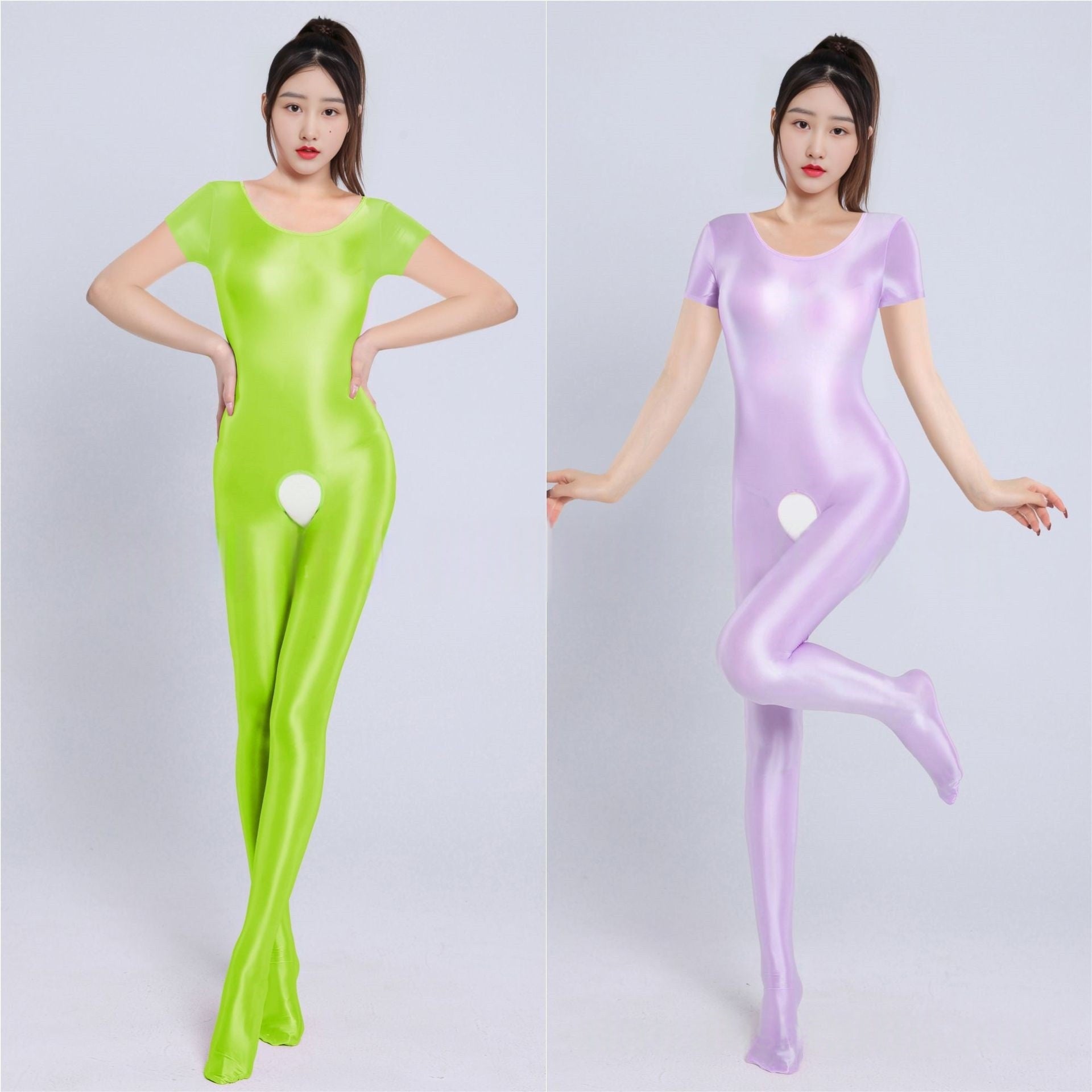 Short-Sleeved Oil Shiny Crotchless Bodystocking