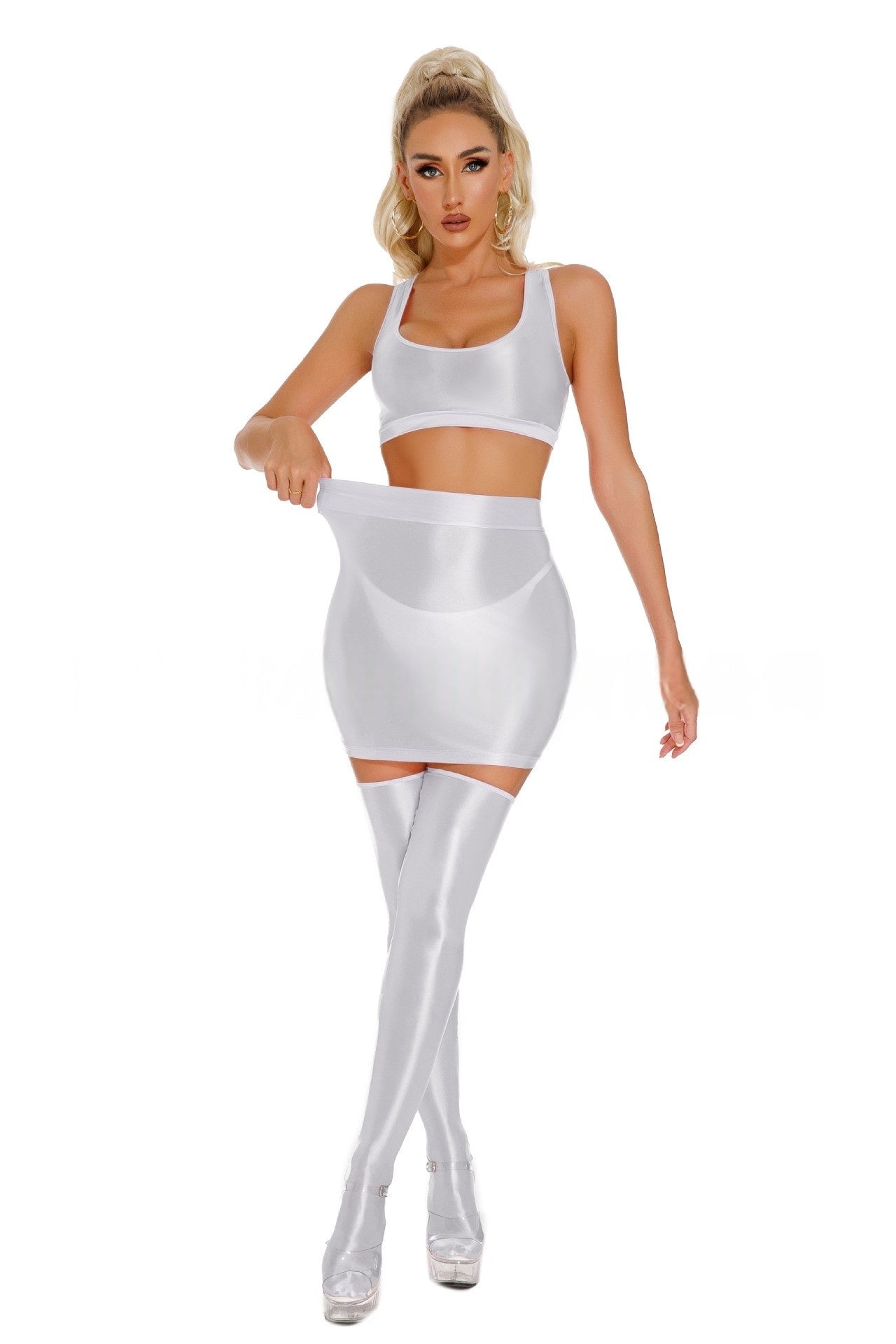 Oil Shiny Sexy Bodycon Skirt Set