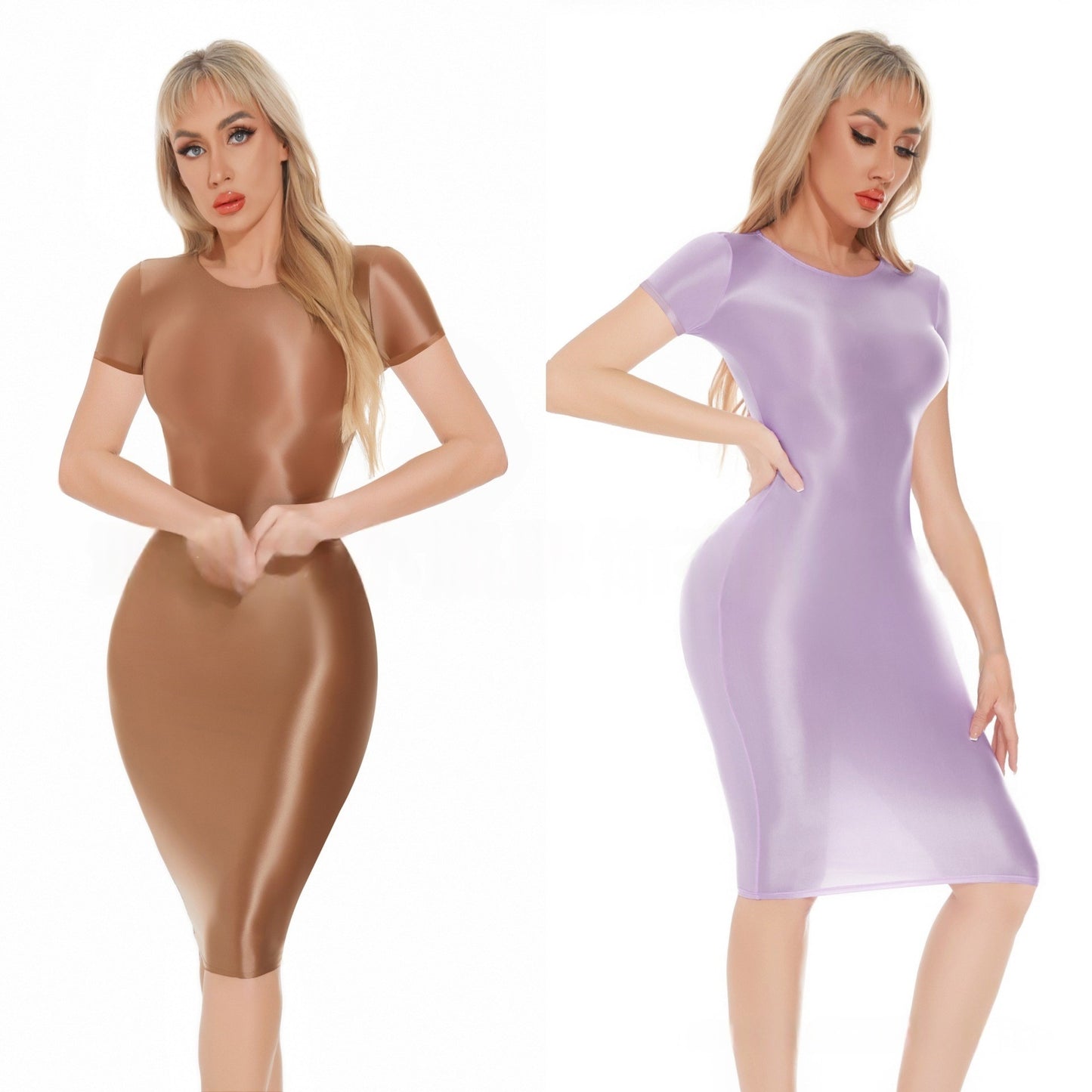 Short-Sleeved Oil Shiny Sexy Bodycon Dress
