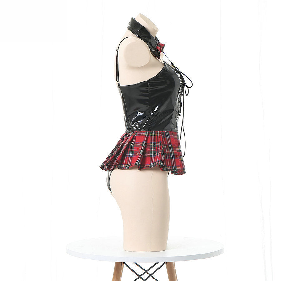 Schoolgirl Sexy Black Dresses Faux Leather Lingerie Role Play Costume