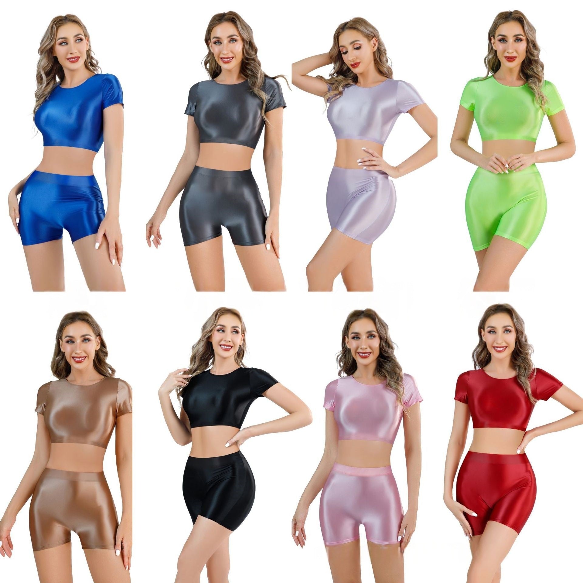 Oil Shiny Sexy Croptop With Shorts