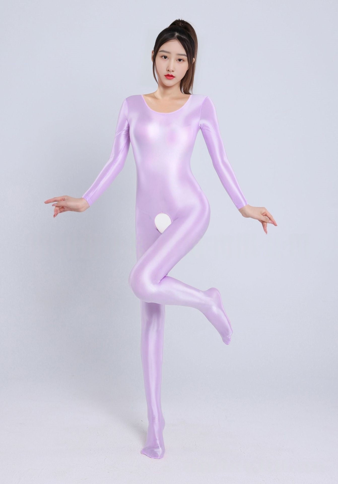 Long-Sleeved Oil Shiny Crotchless Bodystocking