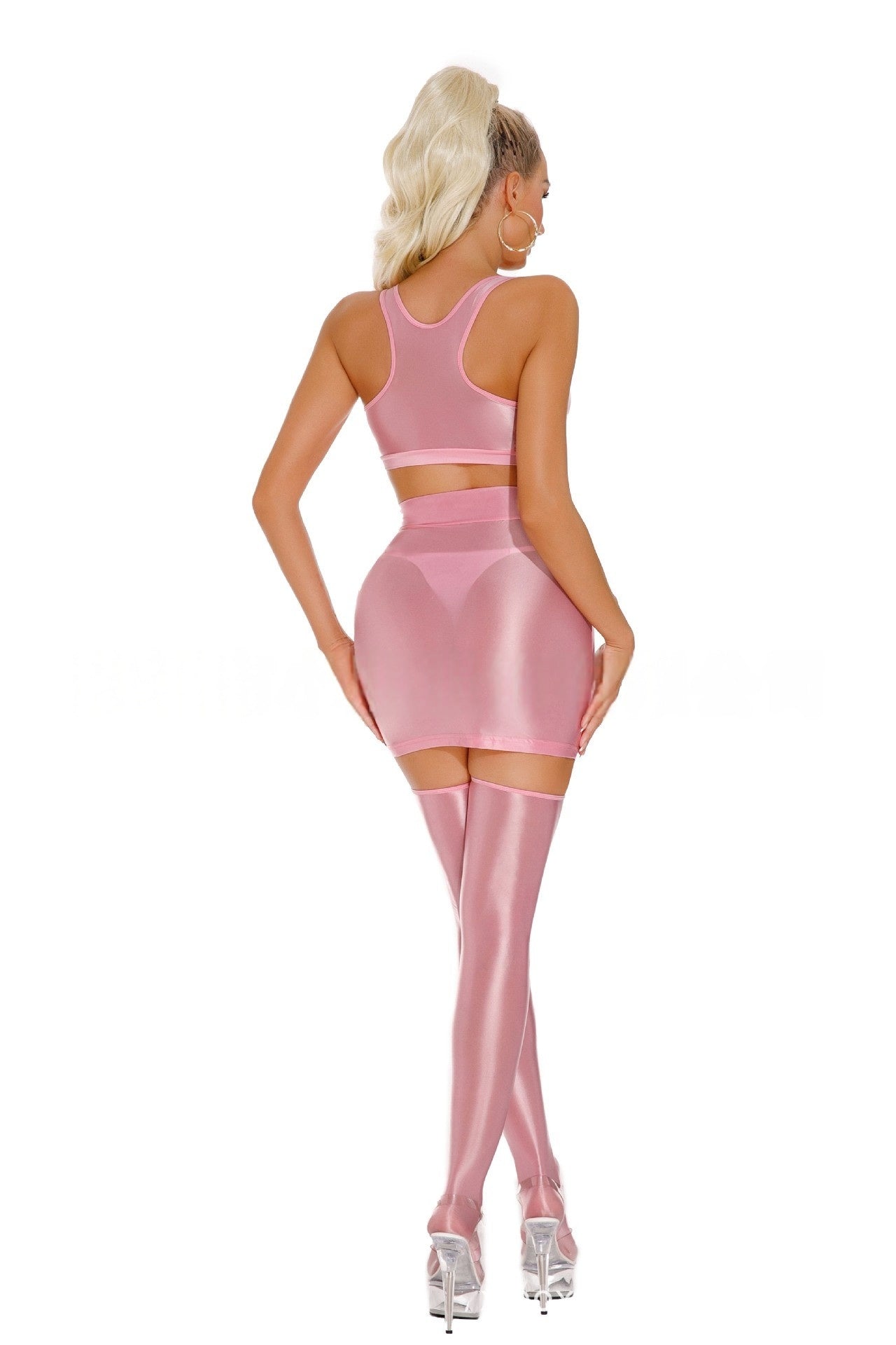 Oil Shiny Sexy Bodycon Skirt Set