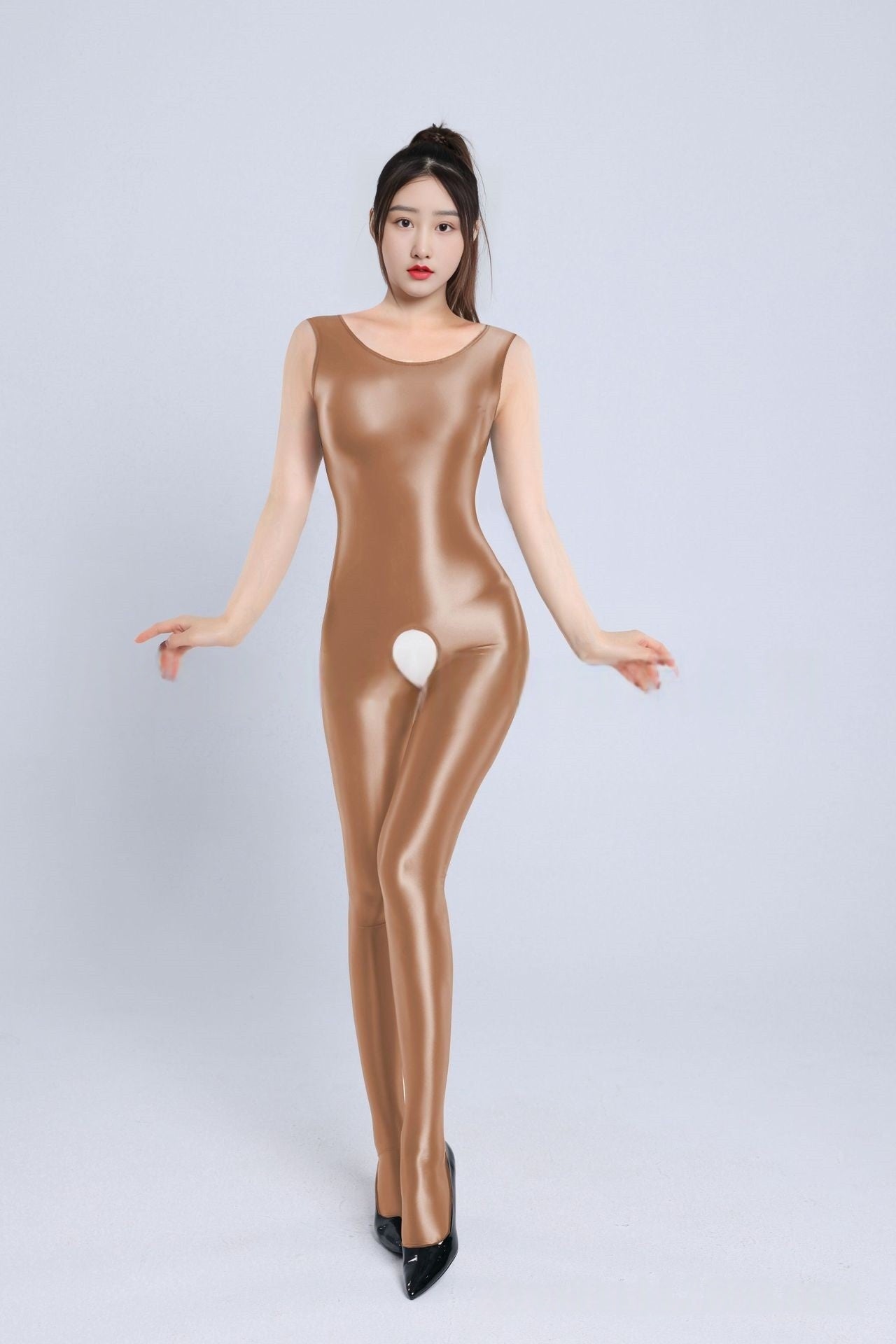 Sleeveless Oil Shiny Crotchless Bodystocking