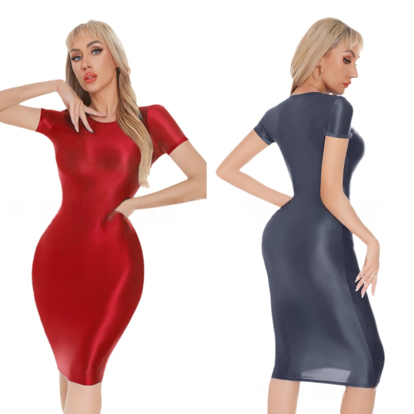 Short-Sleeved Oil Shiny Sexy Bodycon Dress