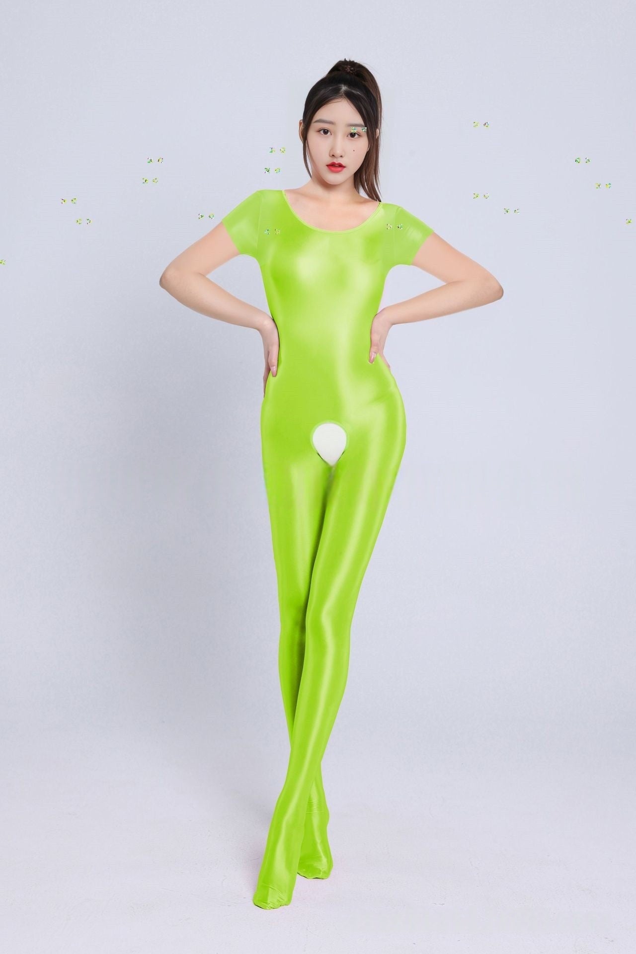 Short-Sleeved Oil Shiny Crotchless Bodystocking