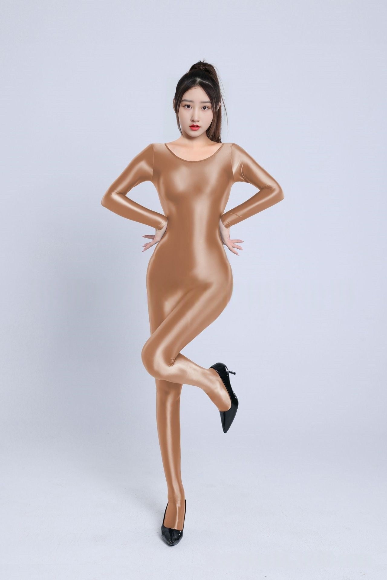 Long-Sleeved High Neck Oil Shiny Bodystocking