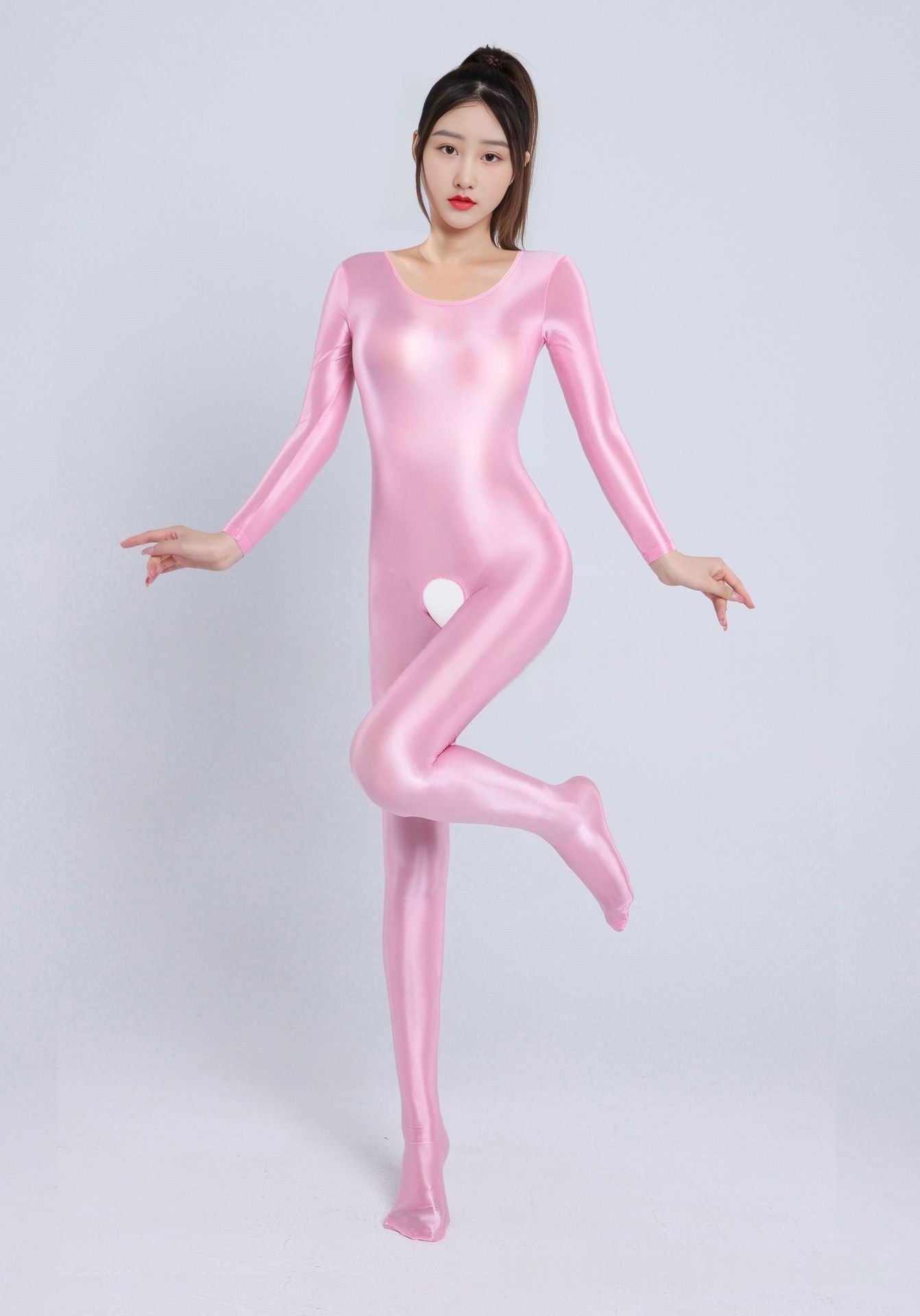 Long-Sleeved Oil Shiny Crotchless Bodystocking