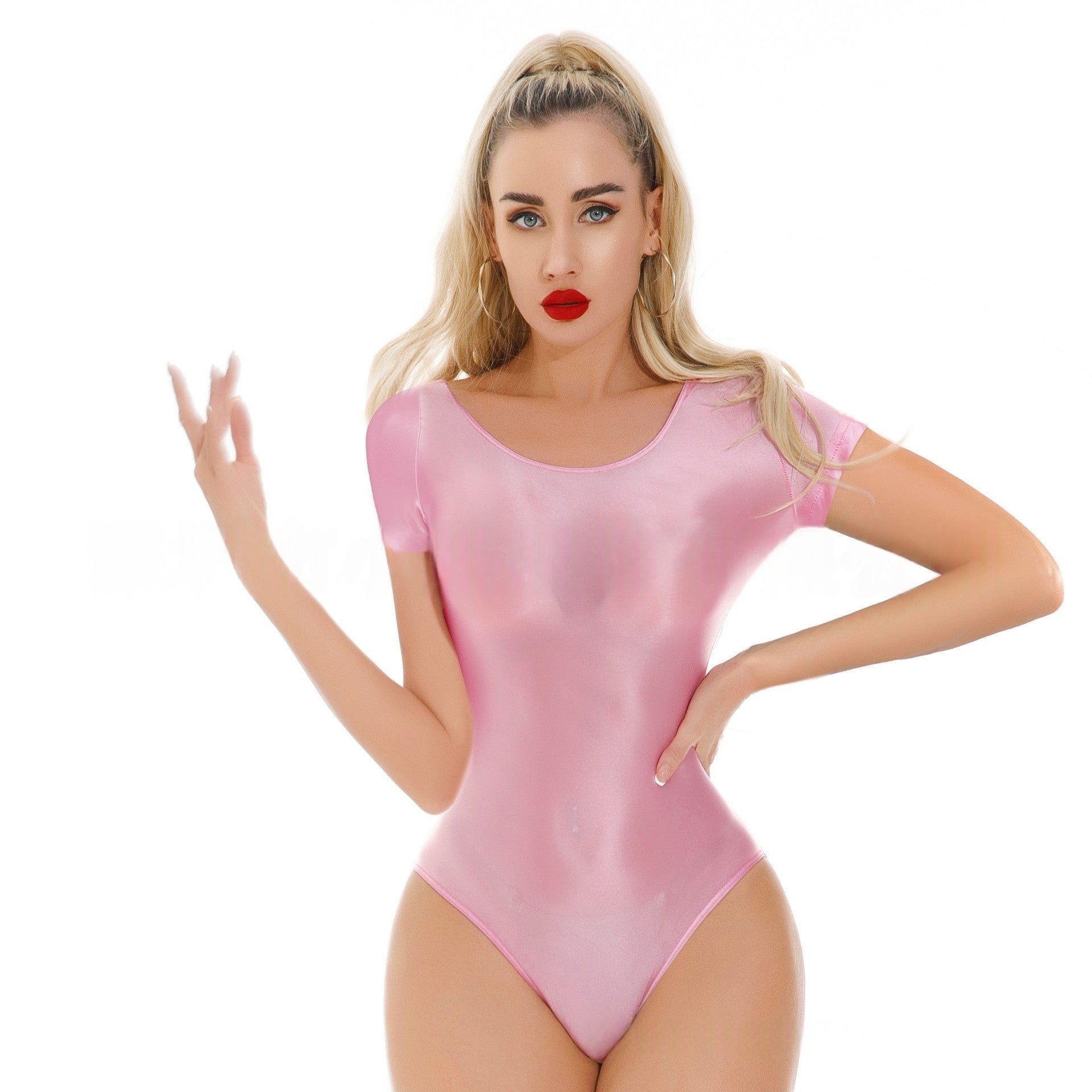 Short-Sleeved Oil Shiny Sexy Bodysuit