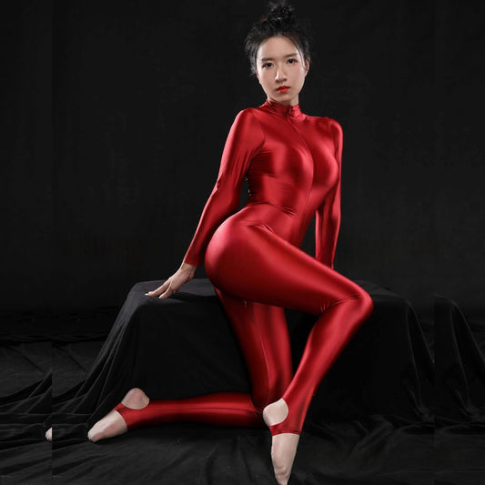 Long-Sleeved High Neck Oil Shiny Bodystocking Open Toe