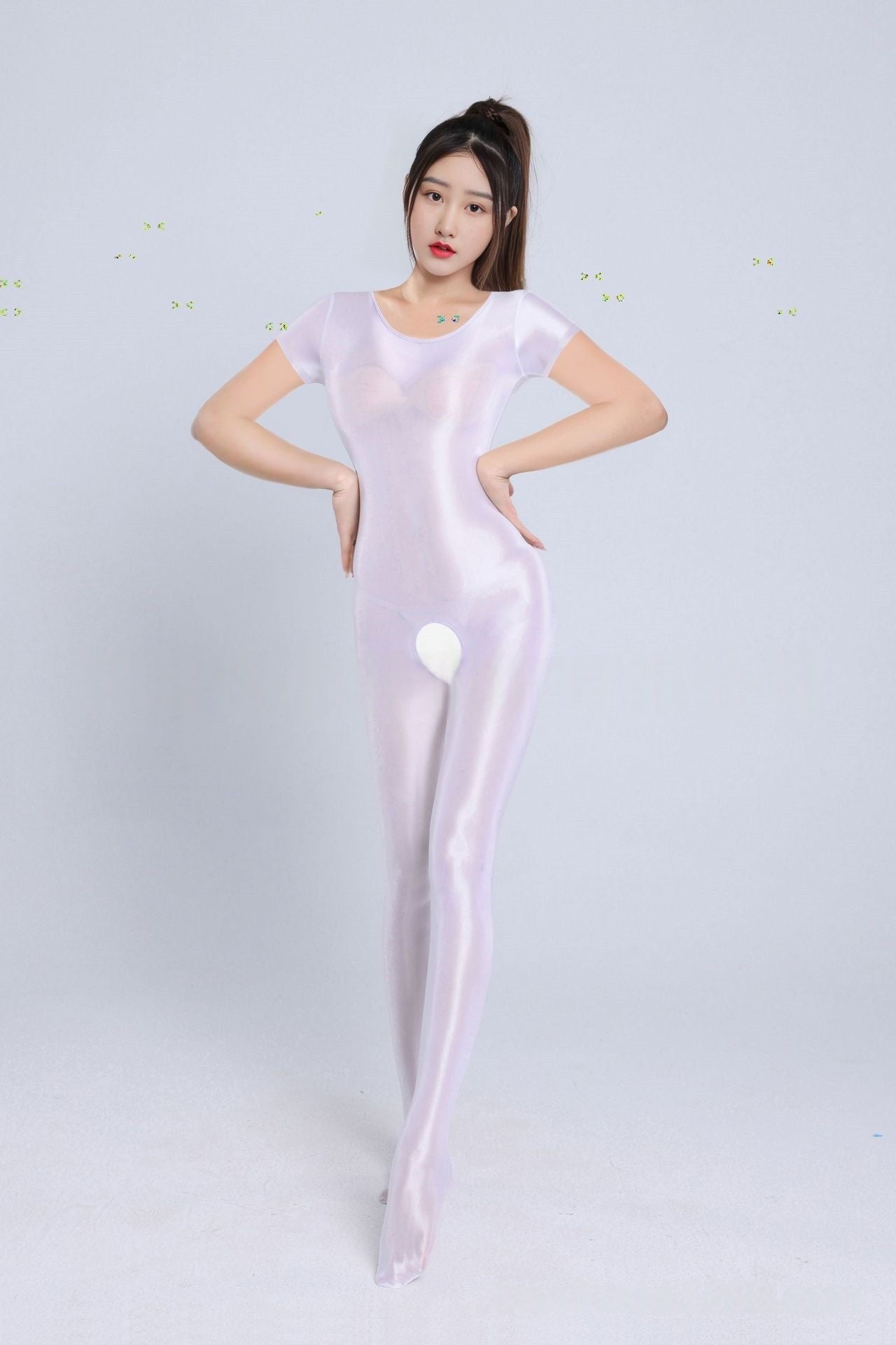 Short-Sleeved Oil Shiny Crotchless Bodystocking