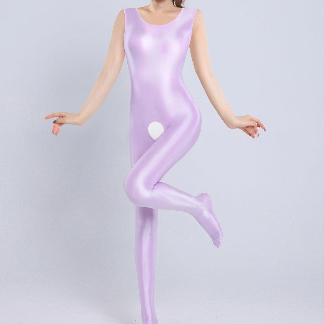 Sleeveless Oil Shiny Crotchless Bodystocking