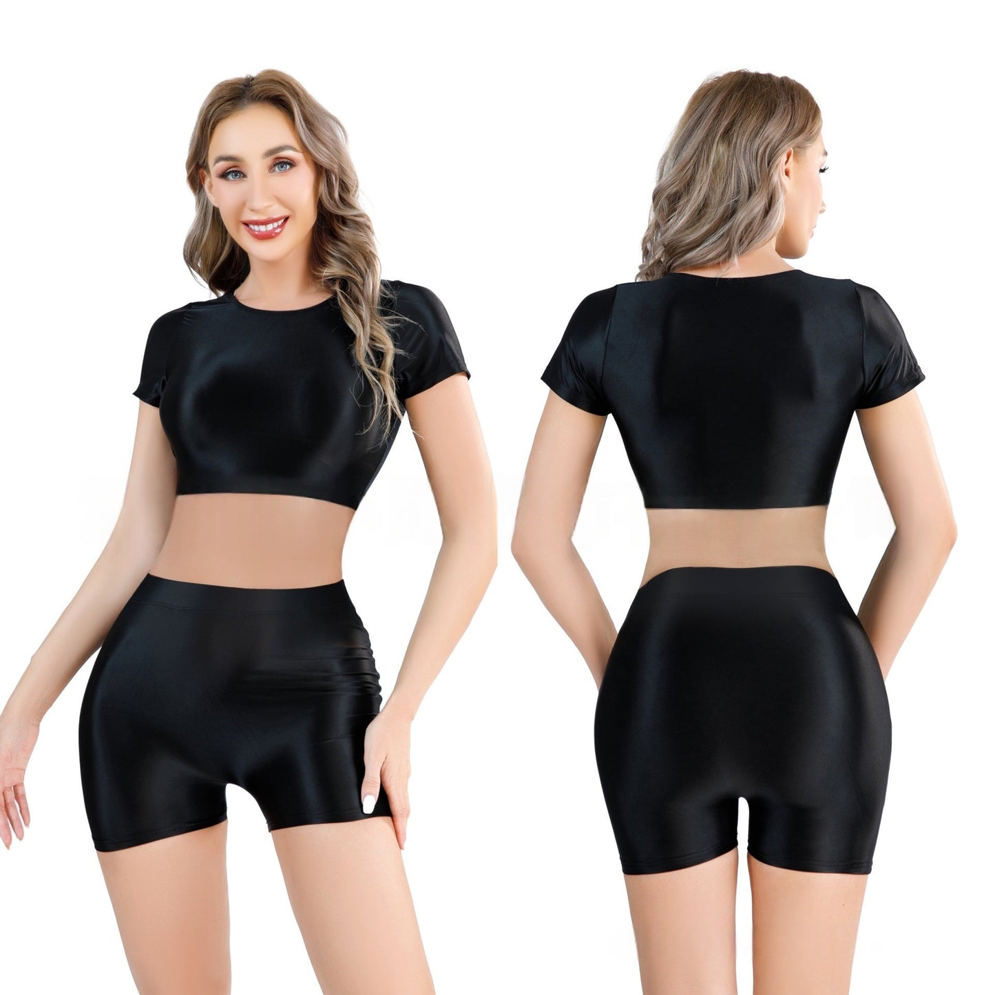 Oil Shiny Sexy Croptop With Shorts
