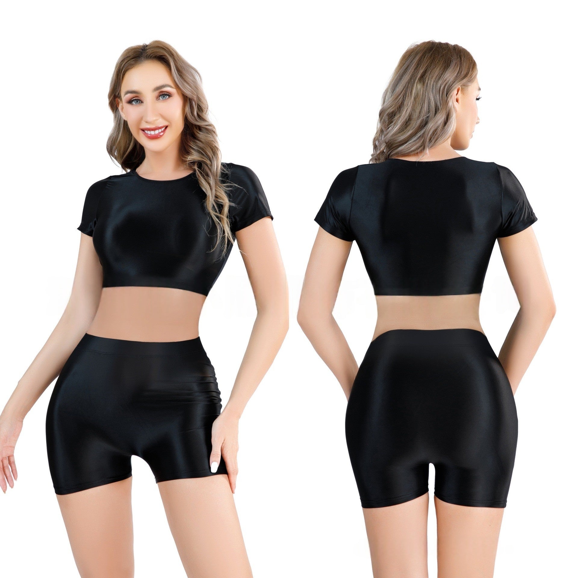 Oil Shiny Sexy Croptop With Shorts