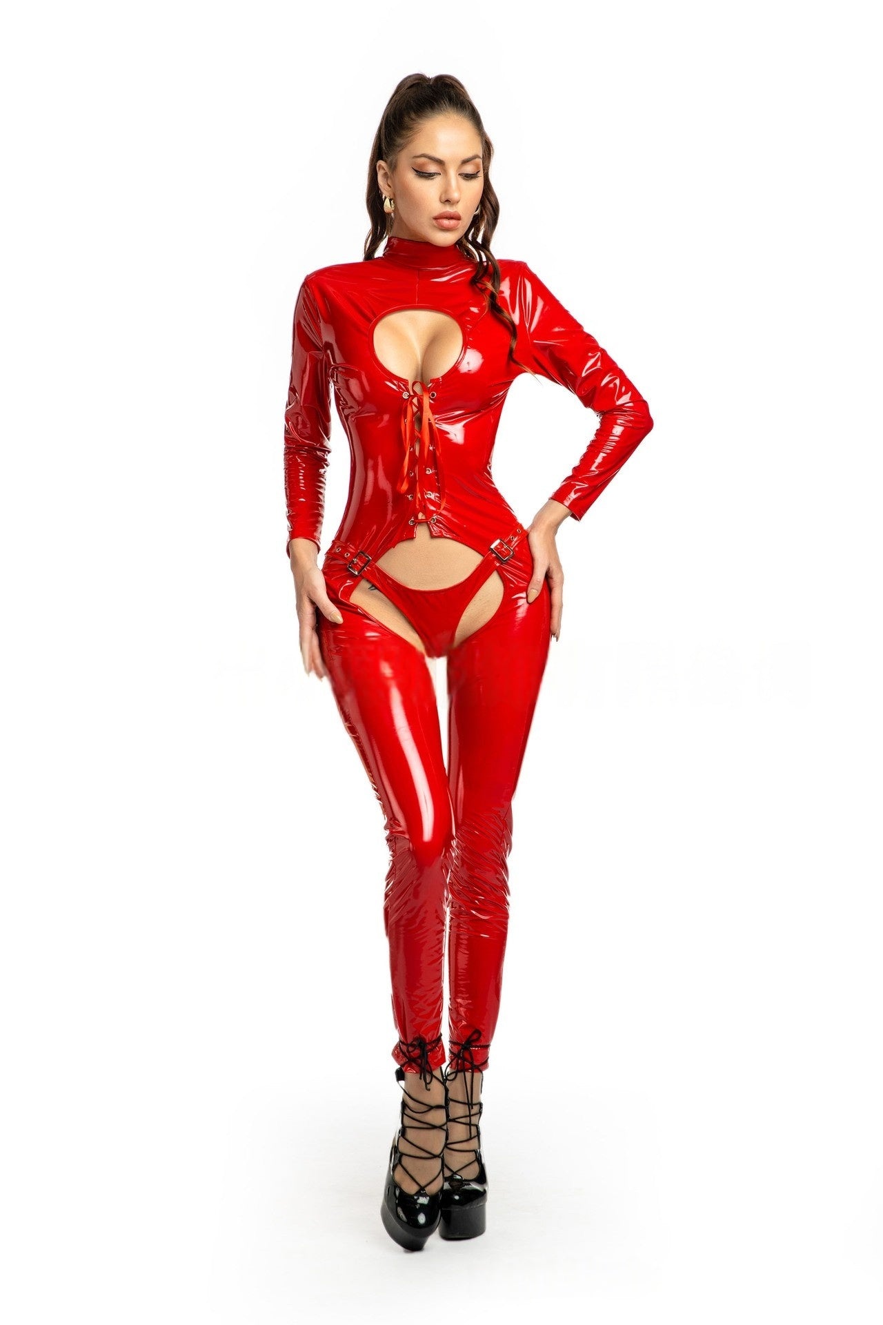 Red Vinyl Corset Bodysuit