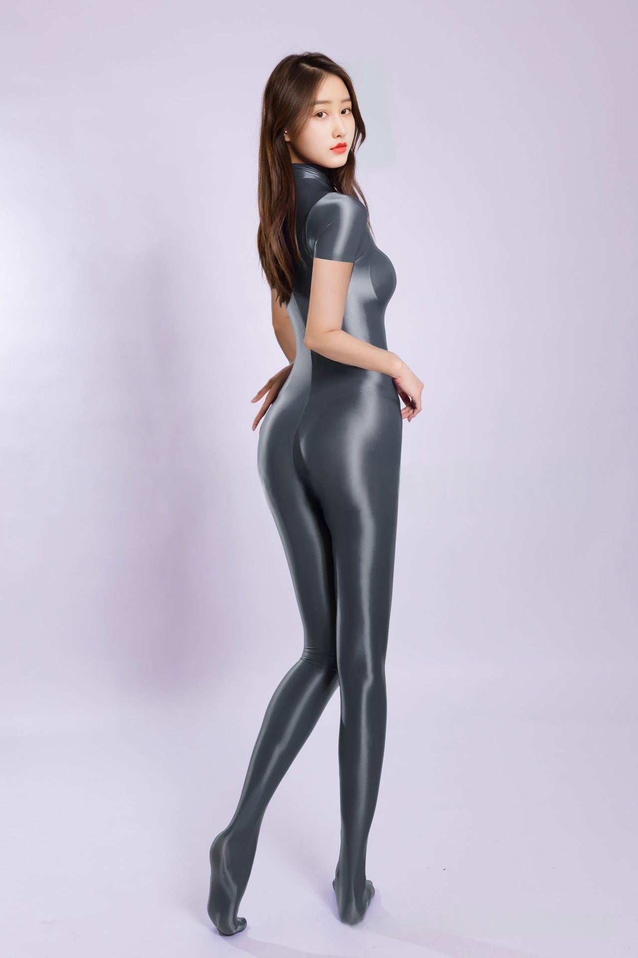 Short-Sleeved High Neck Oil Shiny Bodystocking