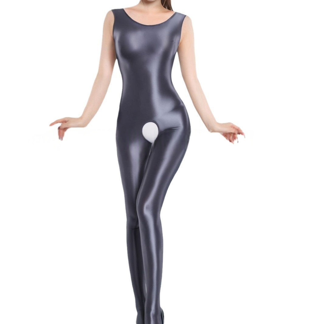 Sleeveless Oil Shiny Crotchless Bodystocking