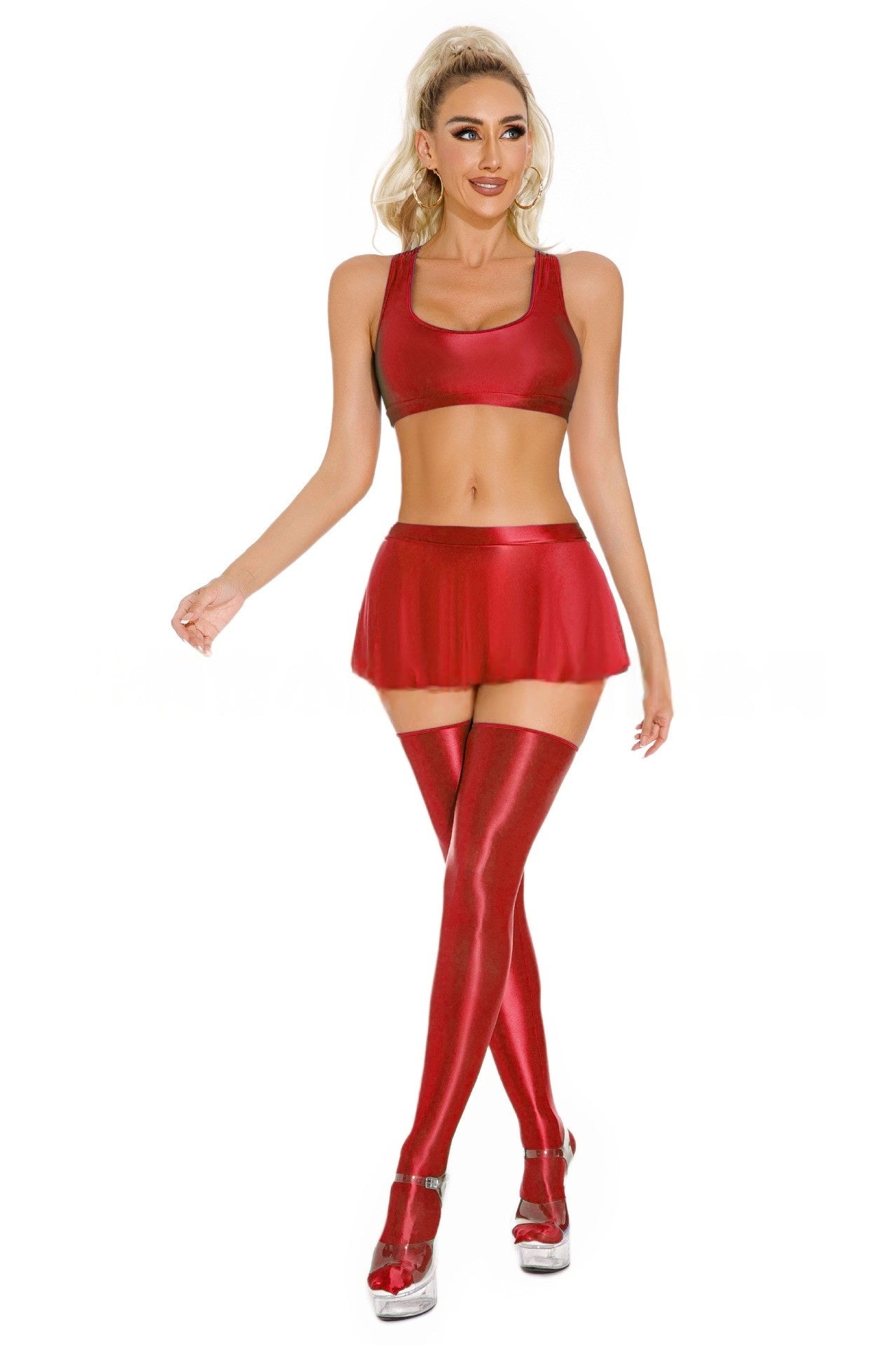 Oil Shiny Sexy Skirt Set Cheerleader