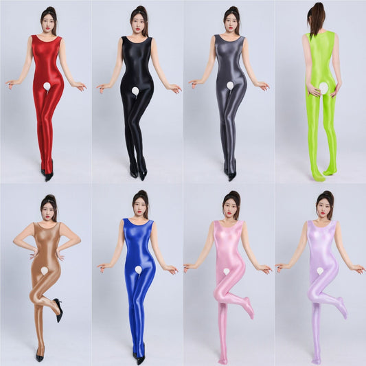 Sleeveless Oil Shiny Crotchless Bodystocking