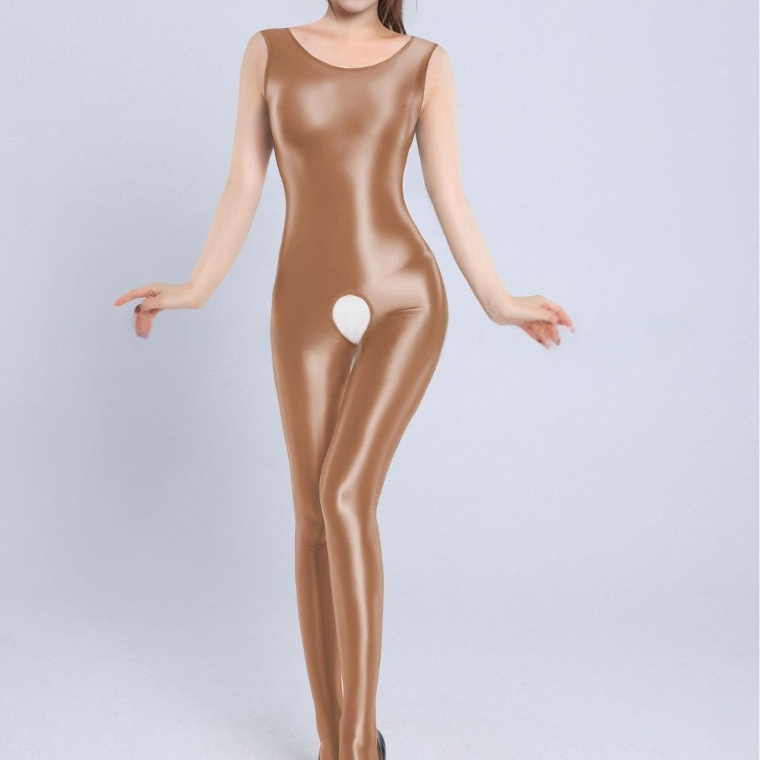 Sleeveless Oil Shiny Crotchless Bodystocking