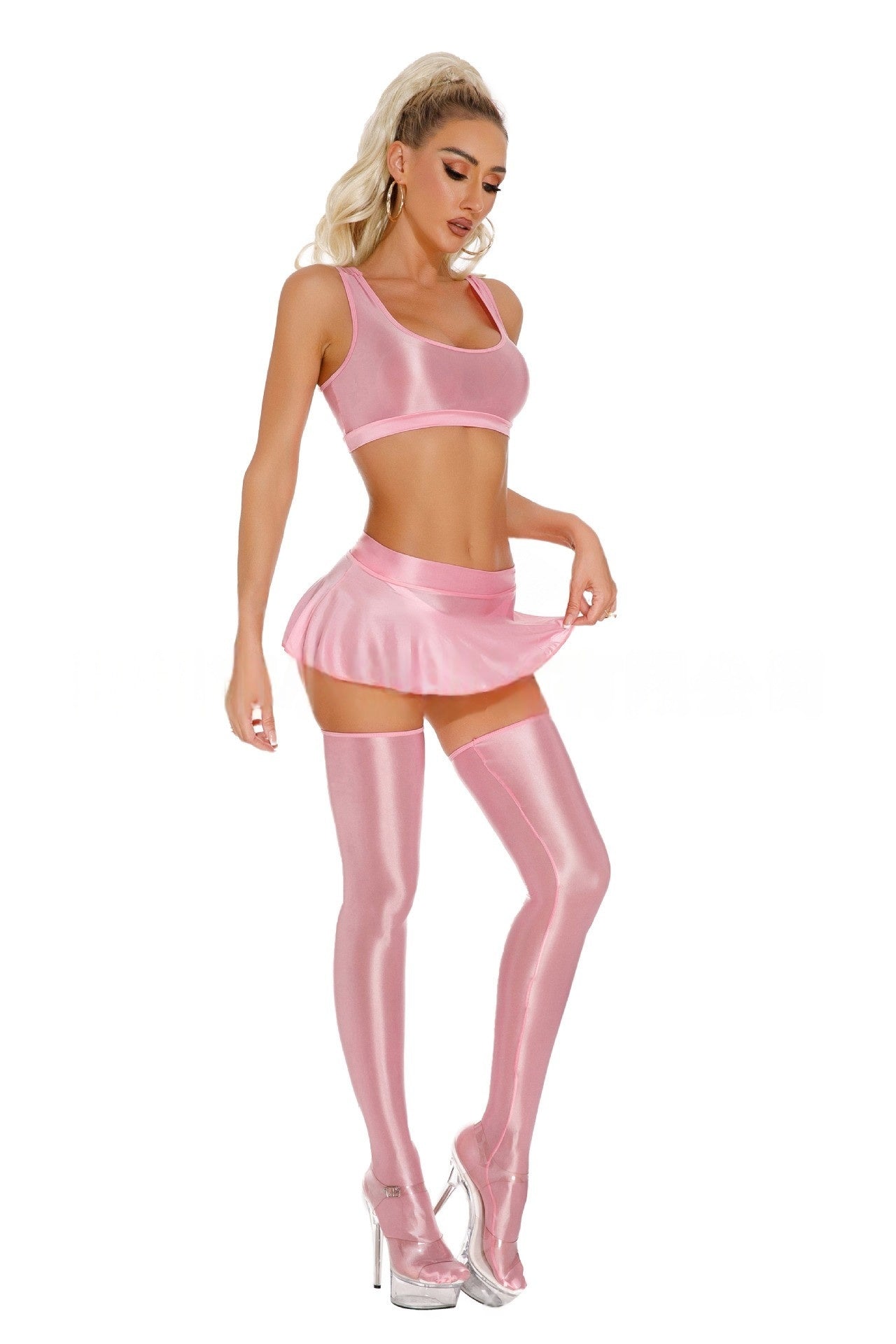 Oil Shiny Sexy Skirt Set Cheerleader