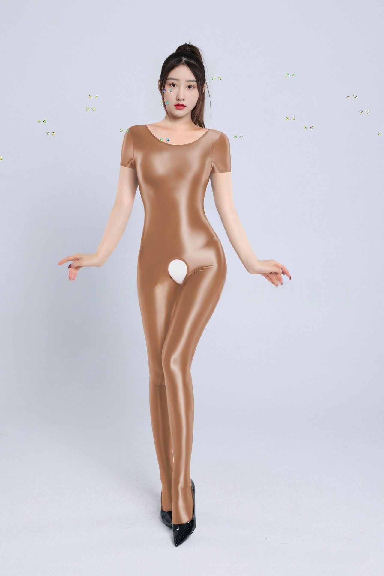 Short-Sleeved Oil Shiny Crotchless Bodystocking