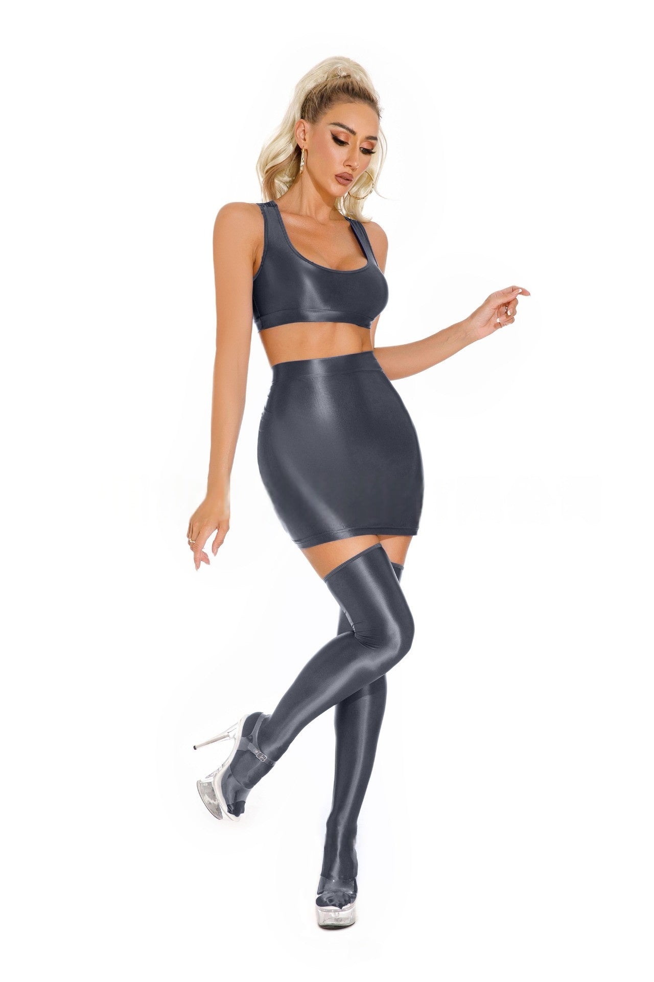 Oil Shiny Sexy Bodycon Skirt Set