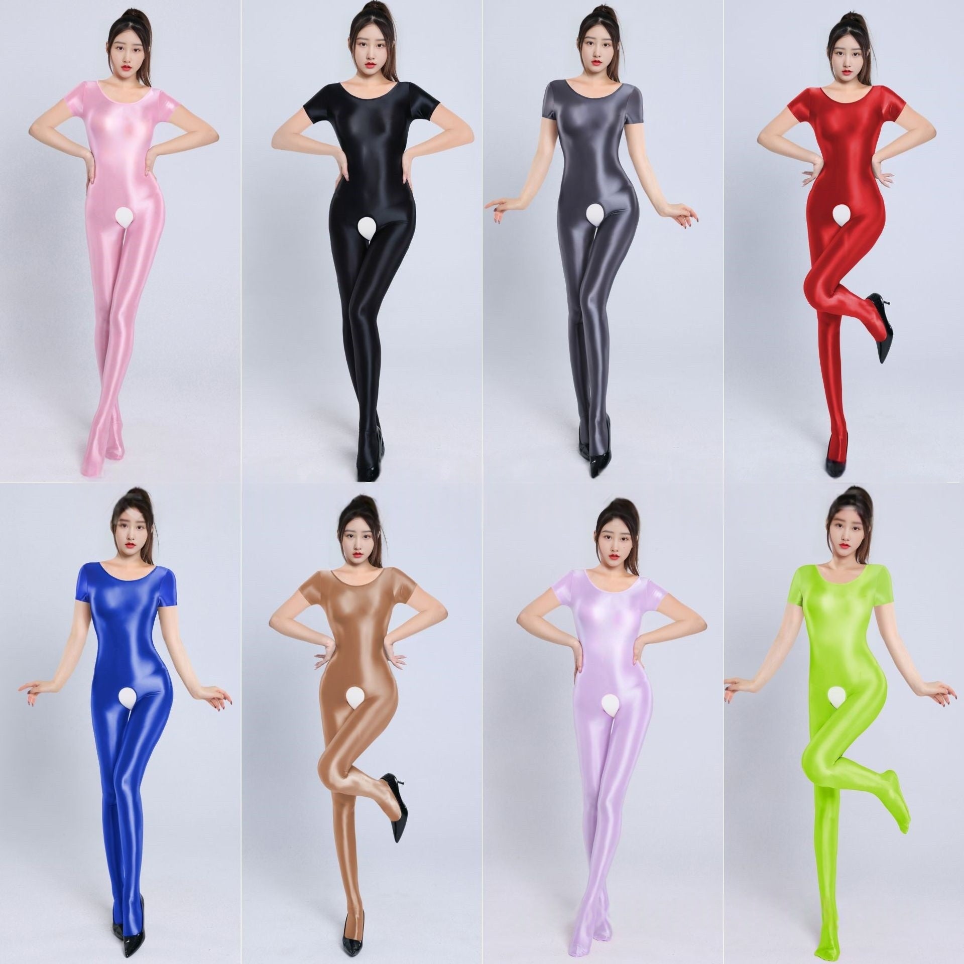 Short-Sleeved Oil Shiny Crotchless Bodystocking