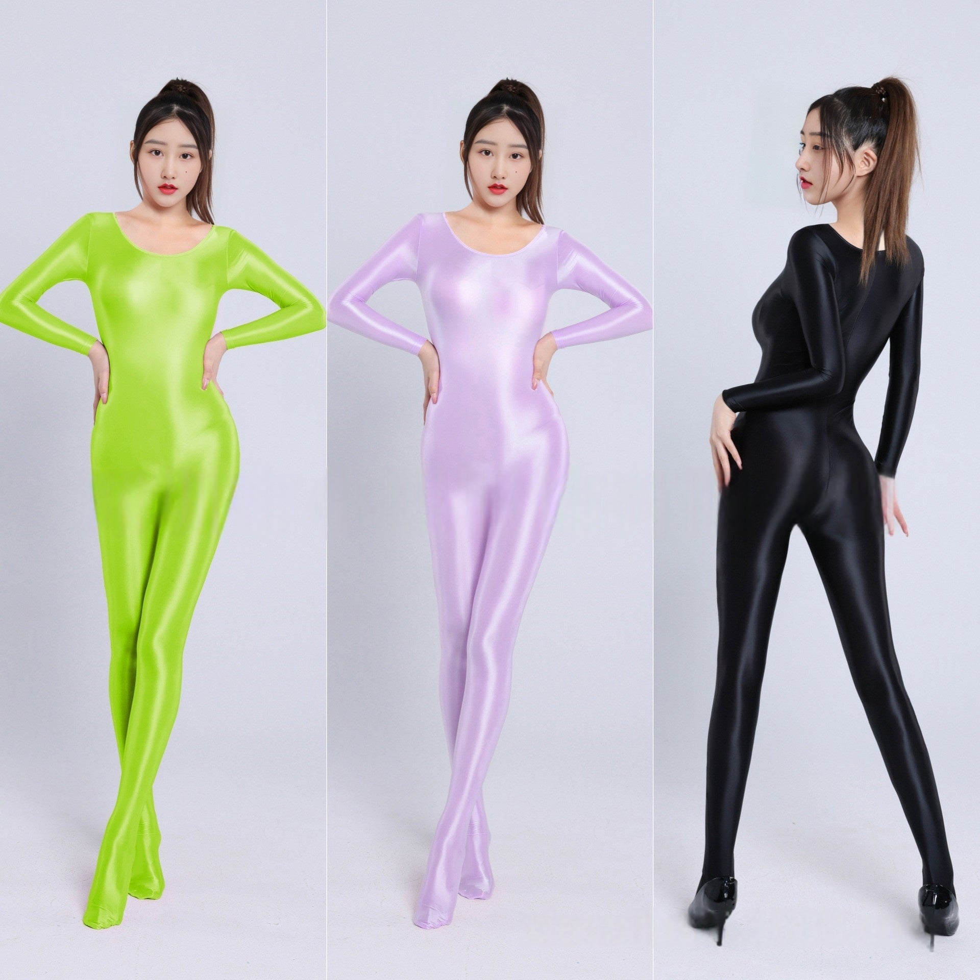 Long-Sleeved High Neck Oil Shiny Bodystocking