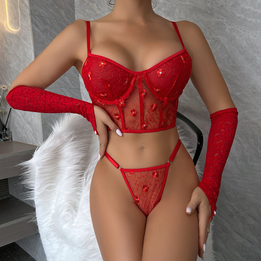 Sexy Lace Lingerie with Gloves Hot Red Bra and Panty Sets Sheer Corset