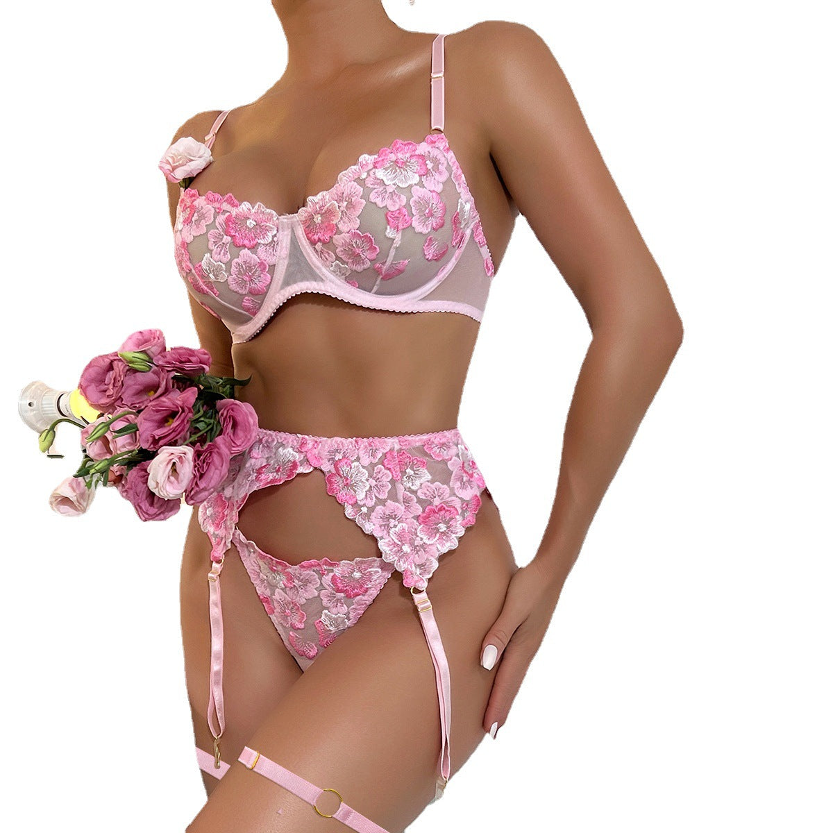 Sexy Pink Lingerie with Garter Belt Lace Floral Bra and Panty Sets