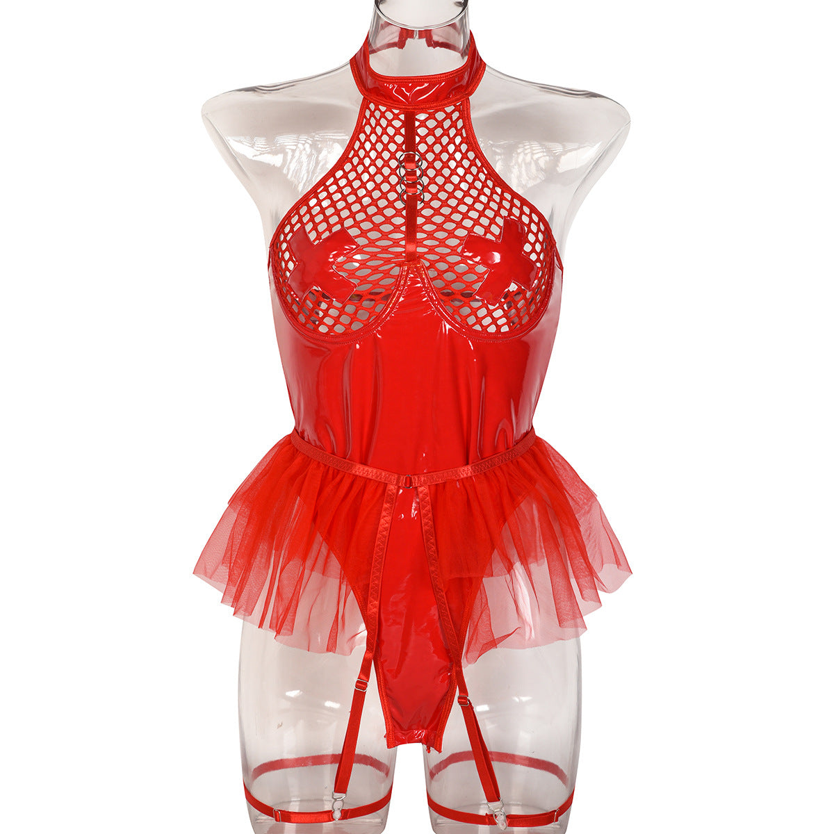 Sexy Red Lingerie Hot Submissive Leather Bodysuit Latex Mesh Fishnet Teddy